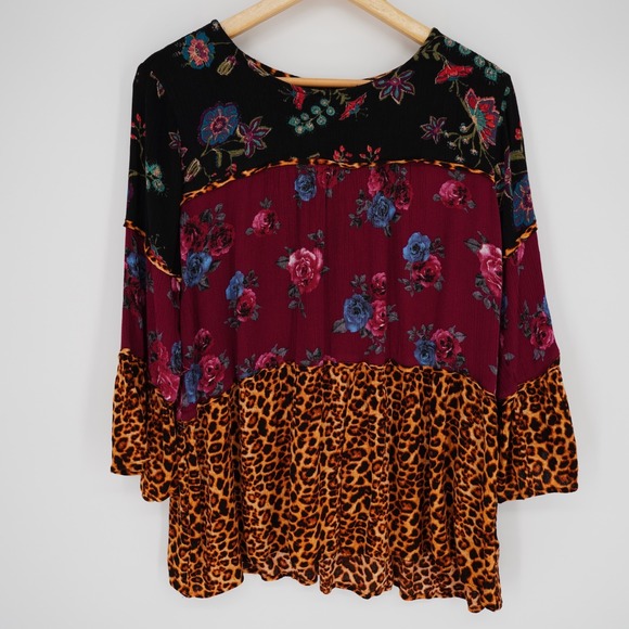 Calessa Tops - Calessa Womens Tunic Top L Boho Gauzy Mixed Print Artsy Flowy Bell Sleeve Casual